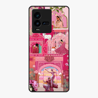 Blossoms of Rajasthan Glass Case showing flat back view with traditional floral artwork inspired by Rajasthan and glossy glass finish.