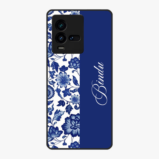 Blue Vintage Floral Pattern Glass Case upright view showcasing timeless floral illustration with vintage inspired style.