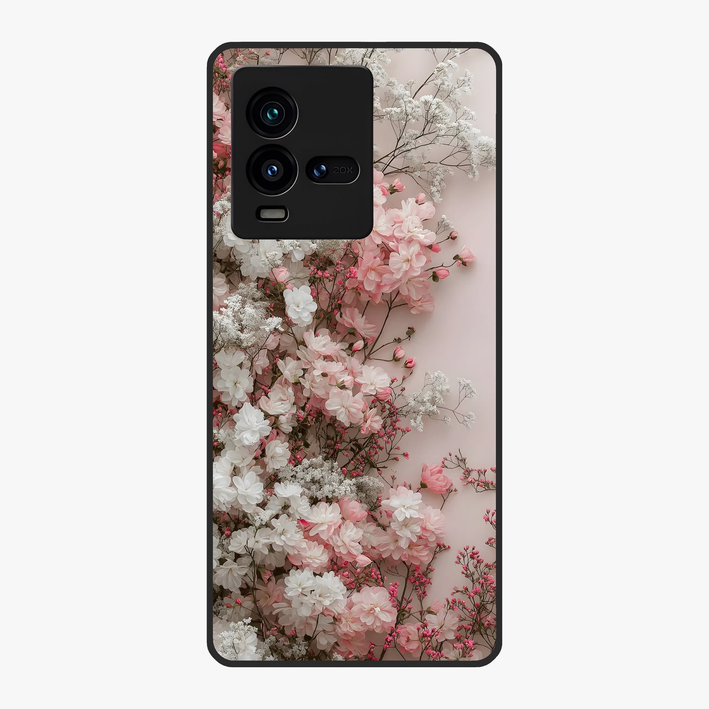 Blush Blossom Cloud Glass Case showing flat back view with dreamy blush cloud blossom artwork and glossy glass finish.