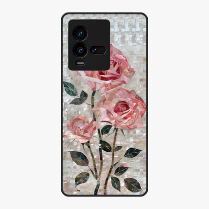 Blush Mosaic Bloom Glass Case showing flat back view with mosaic floral bloom artwork and glossy glass finish.