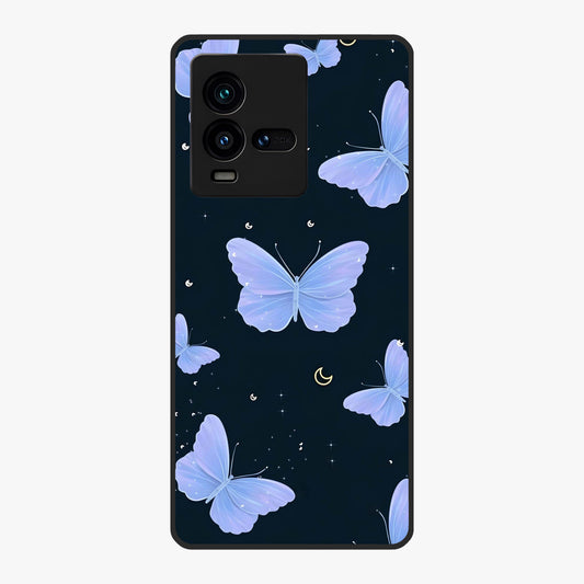Butterfly With Stars Pattern Glass Case showing flat back view with butterfly and star pattern artwork and glossy glass finish.