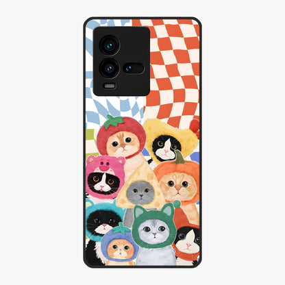 Cats in Fruits Glass Case showing flat back view with playful cat illustrations inside fruit artwork and glossy glass finish.