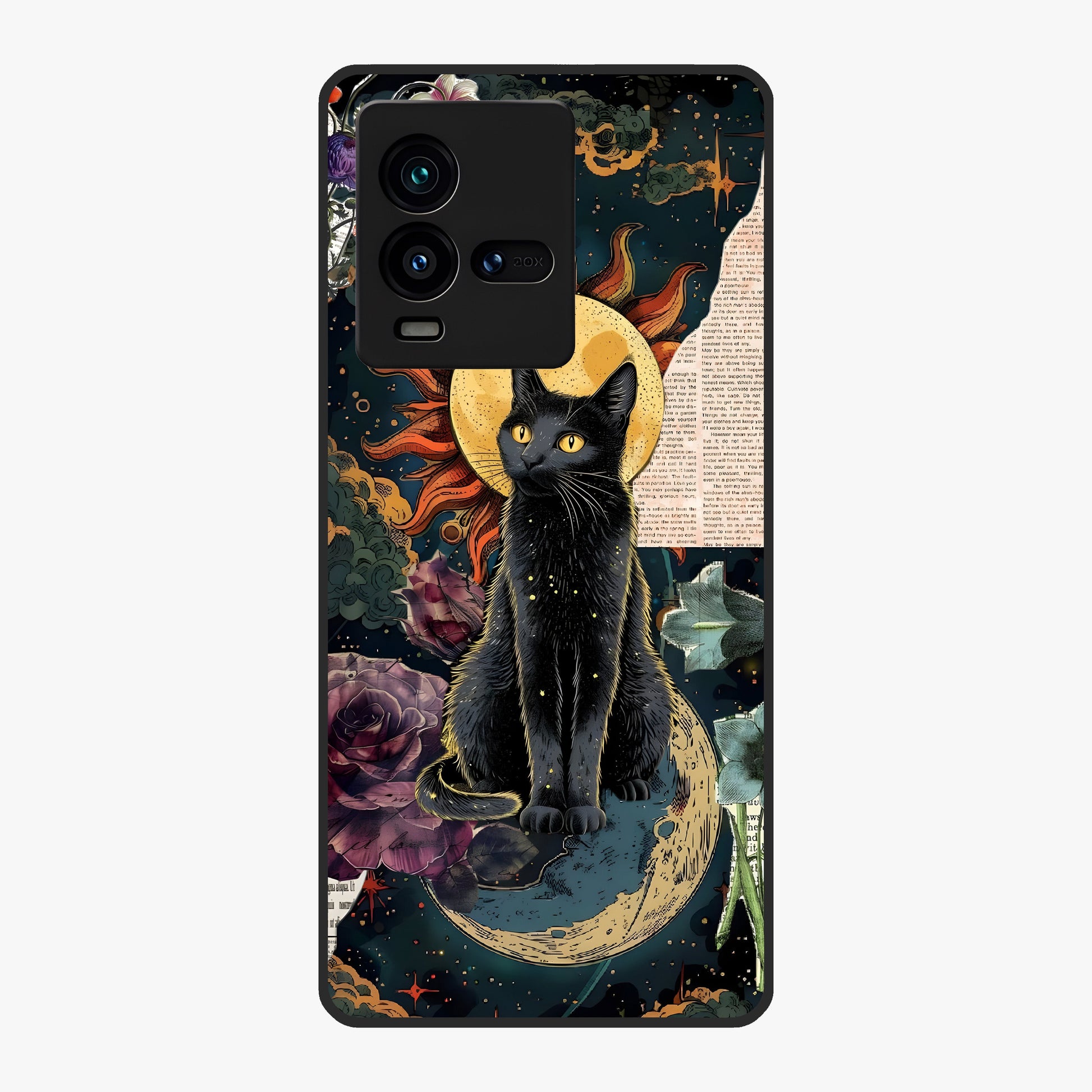 Celestial Black Cat Glass Case showing flat back view with mystical black cat artwork and glossy glass finish.