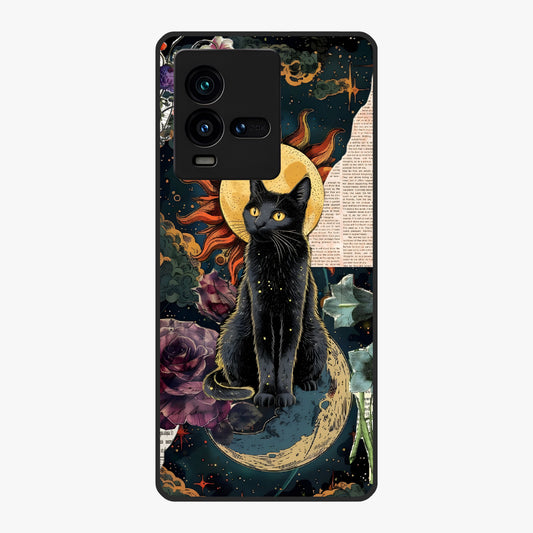 Celestial Black Cat Glass Case showing flat back view with mystical black cat artwork and glossy glass finish.