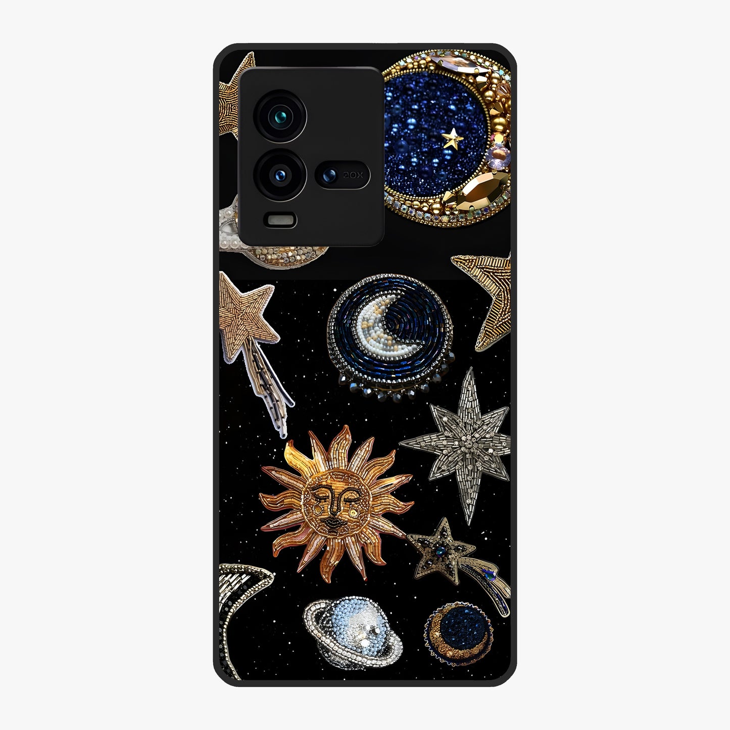 Celestial Gem Constellations Glass Case showing flat back view with sparkling constellation artwork and glossy glass finish.