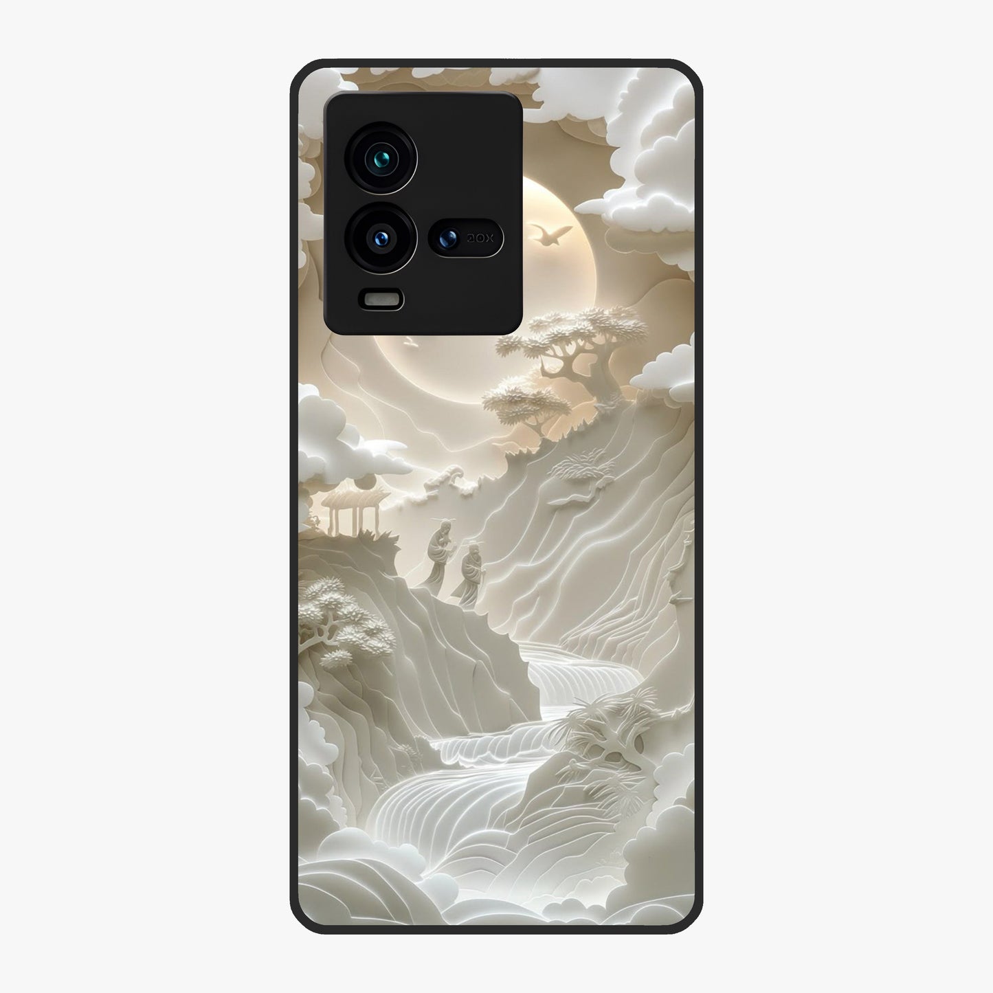 Celestial Origami Glass Case showing flat back view with artistic origami inspired celestial artwork and glossy glass finish.