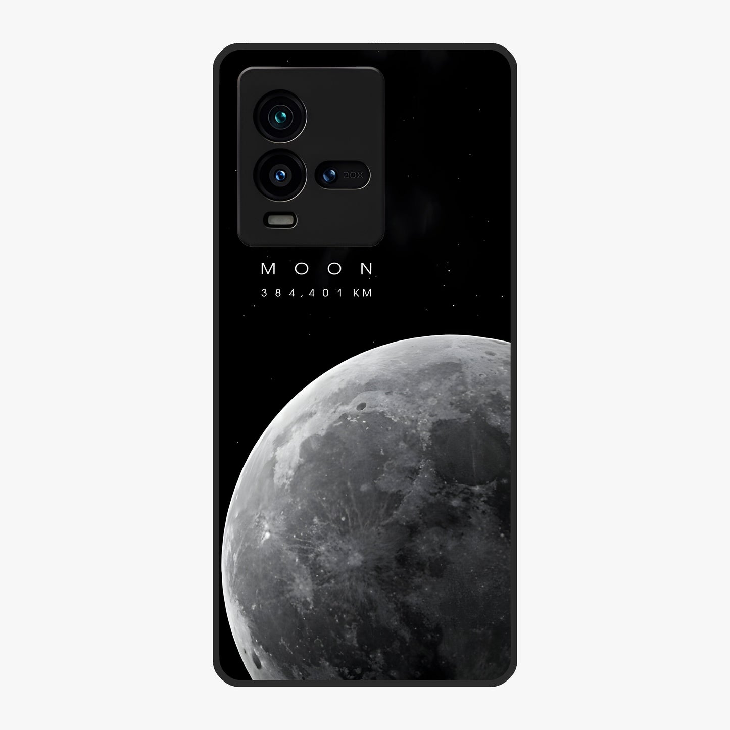 Cosmic Moon Glow Glass Case showing flat back view with glowing moon artwork and glossy glass finish.