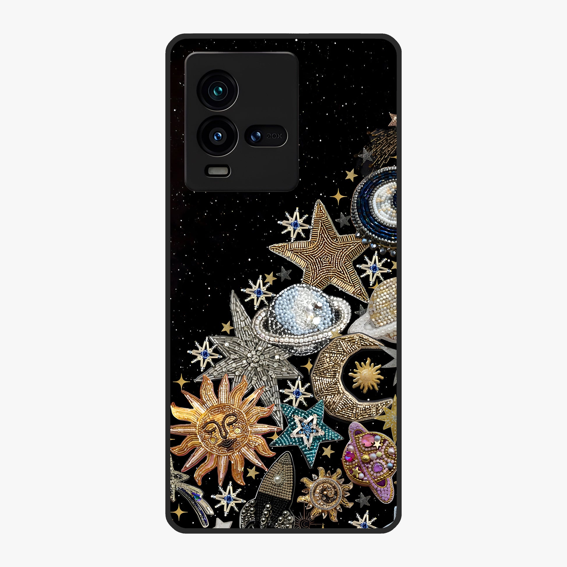 Cosmic Sparkle Dreams Glass Case showing flat back view with sparkling cosmic artwork and glossy glass finish.