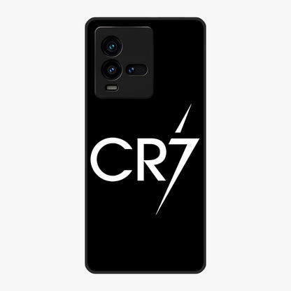 Cr7 Elite Strike Glass Case showing flat back view with dynamic football inspired artwork and glossy glass finish.