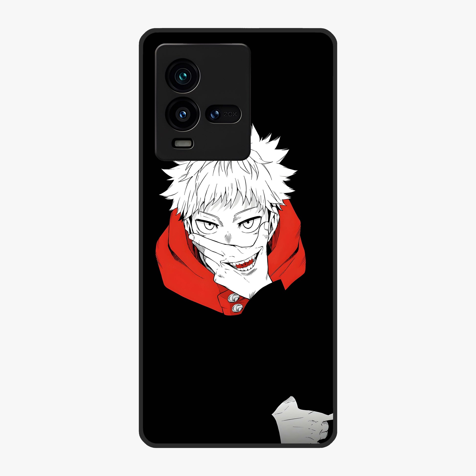 Crimson Chaos Smile Glass Case showing flat back view with bold chaotic smile artwork and glossy glass finish.