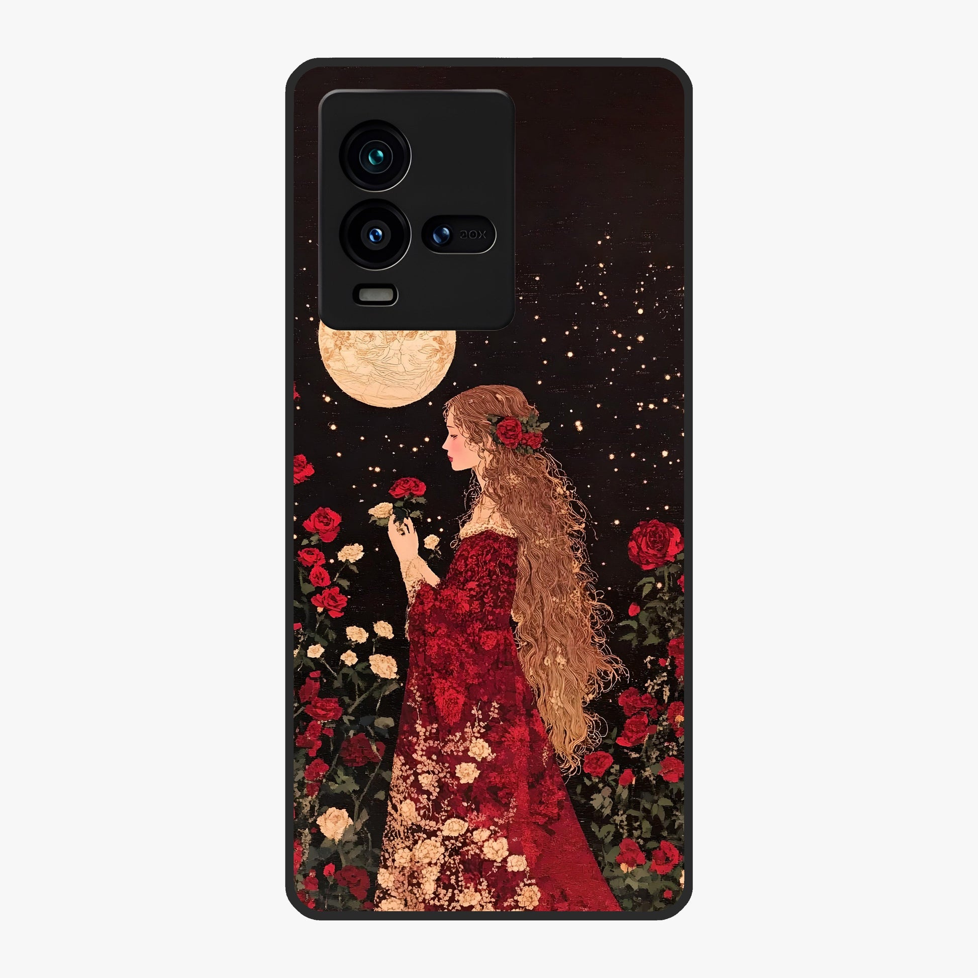Crimson Dreams Glass Case showing flat back view with dreamy crimson artwork and glossy glass finish.