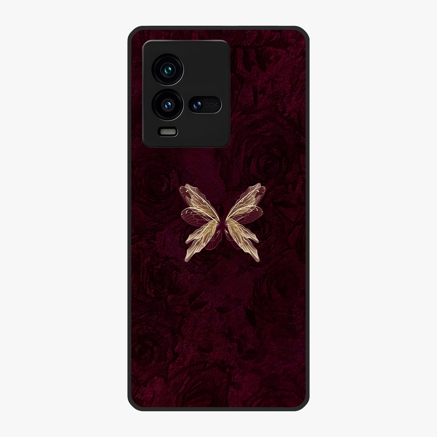 Crimson Fade Butterfly Glass Case showing flat back view with fading butterfly artwork and glossy glass finish.