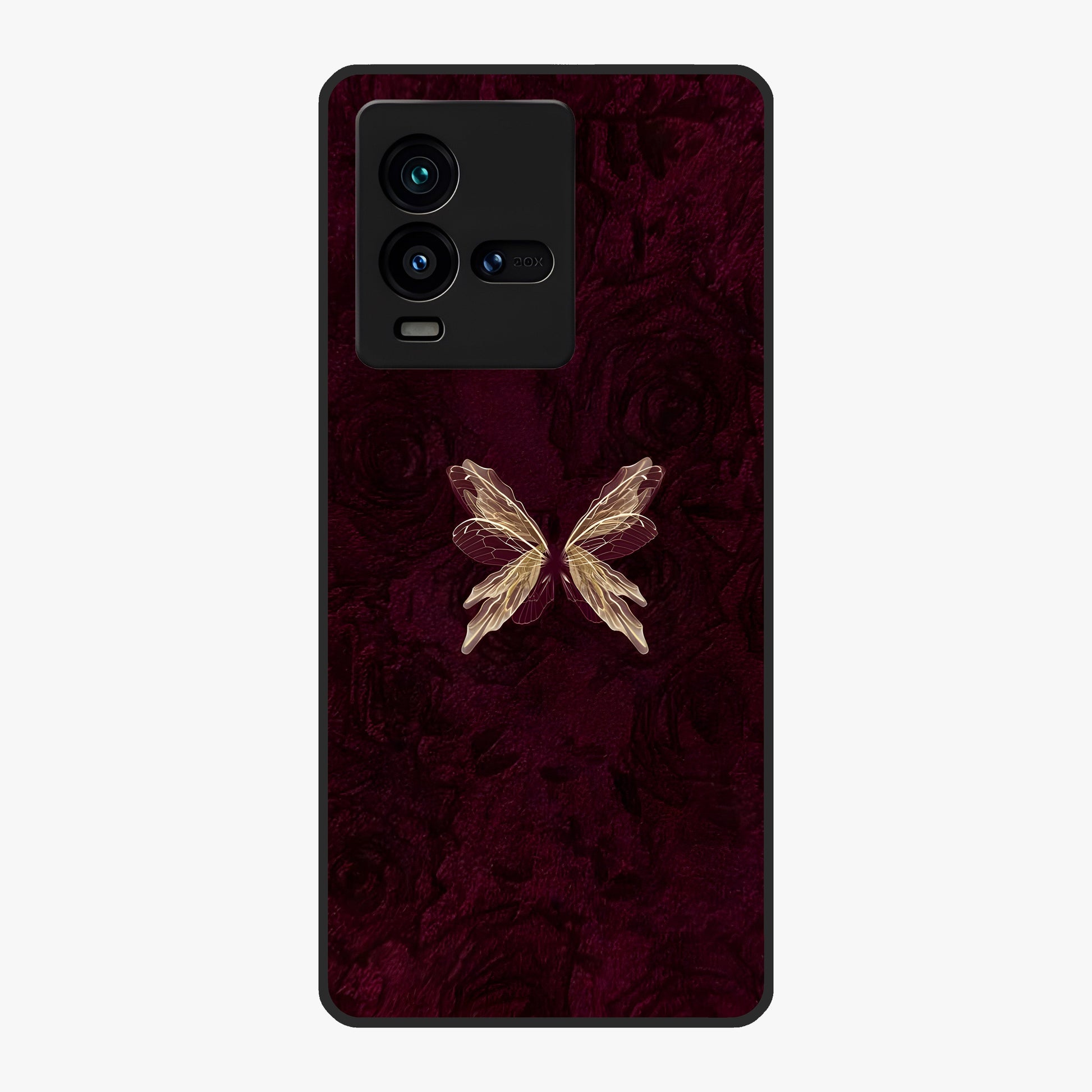 Crimson Fade Butterfly Glass Case showing flat back view with fading butterfly artwork and glossy glass finish.