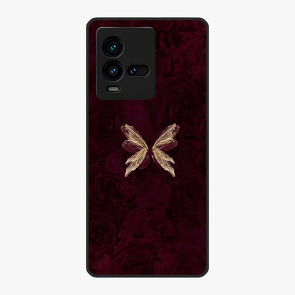 Crimson Fade Butterfly Glass Case showing flat back view with fading butterfly artwork and glossy glass finish.