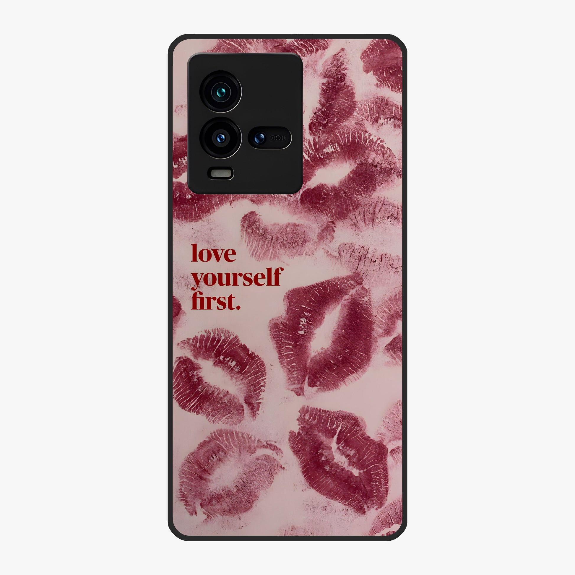 Crimson Kiss Love Glass Case showing flat back view with romantic crimson themed artwork and glossy glass finish.