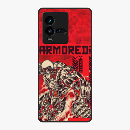Crimson Mecha Titan Glass Case showing flat back view with powerful mech titan artwork and glossy glass finish.