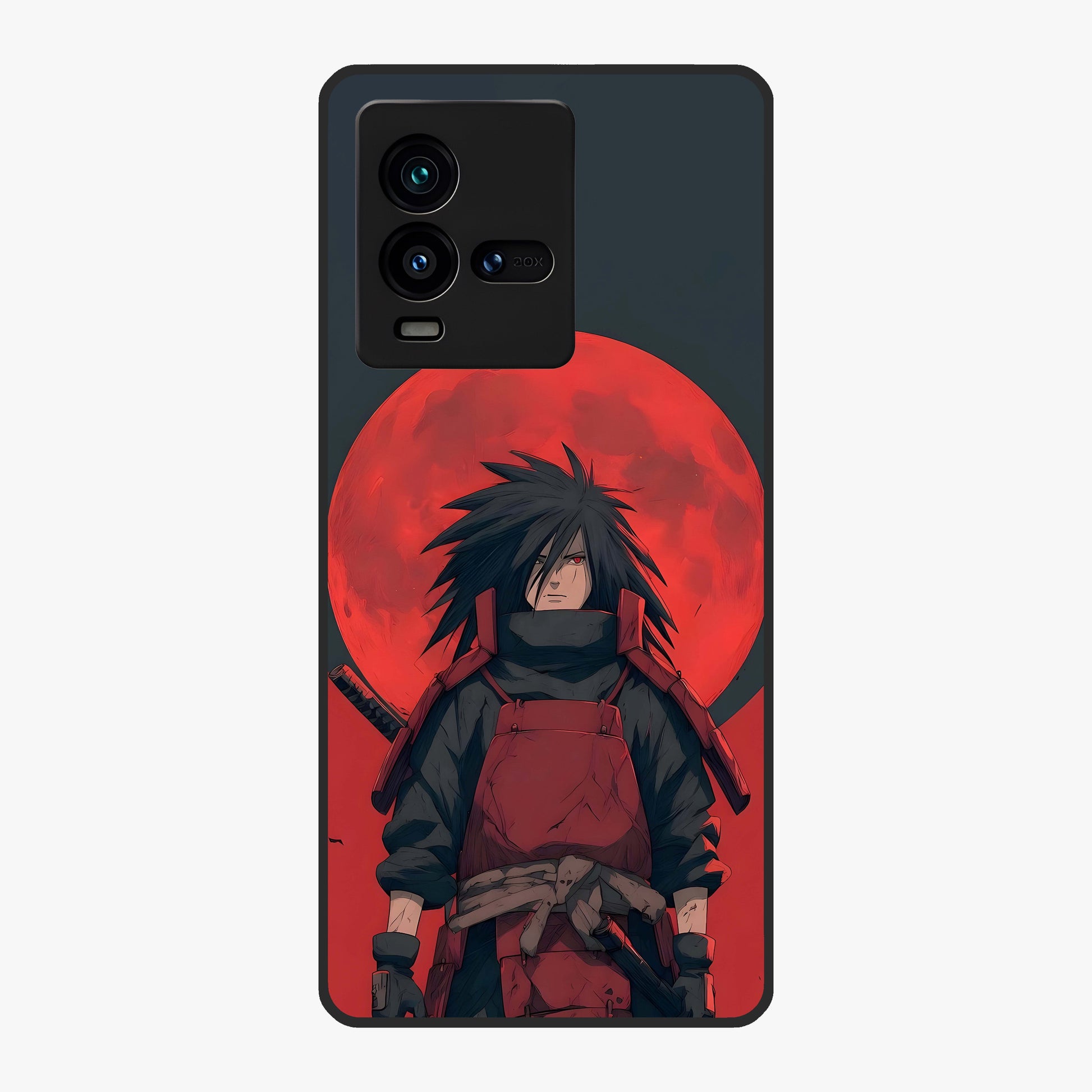 Crimson Moon Warlord Glass Case showing flat back view with mystical moon warrior artwork and glossy glass finish.