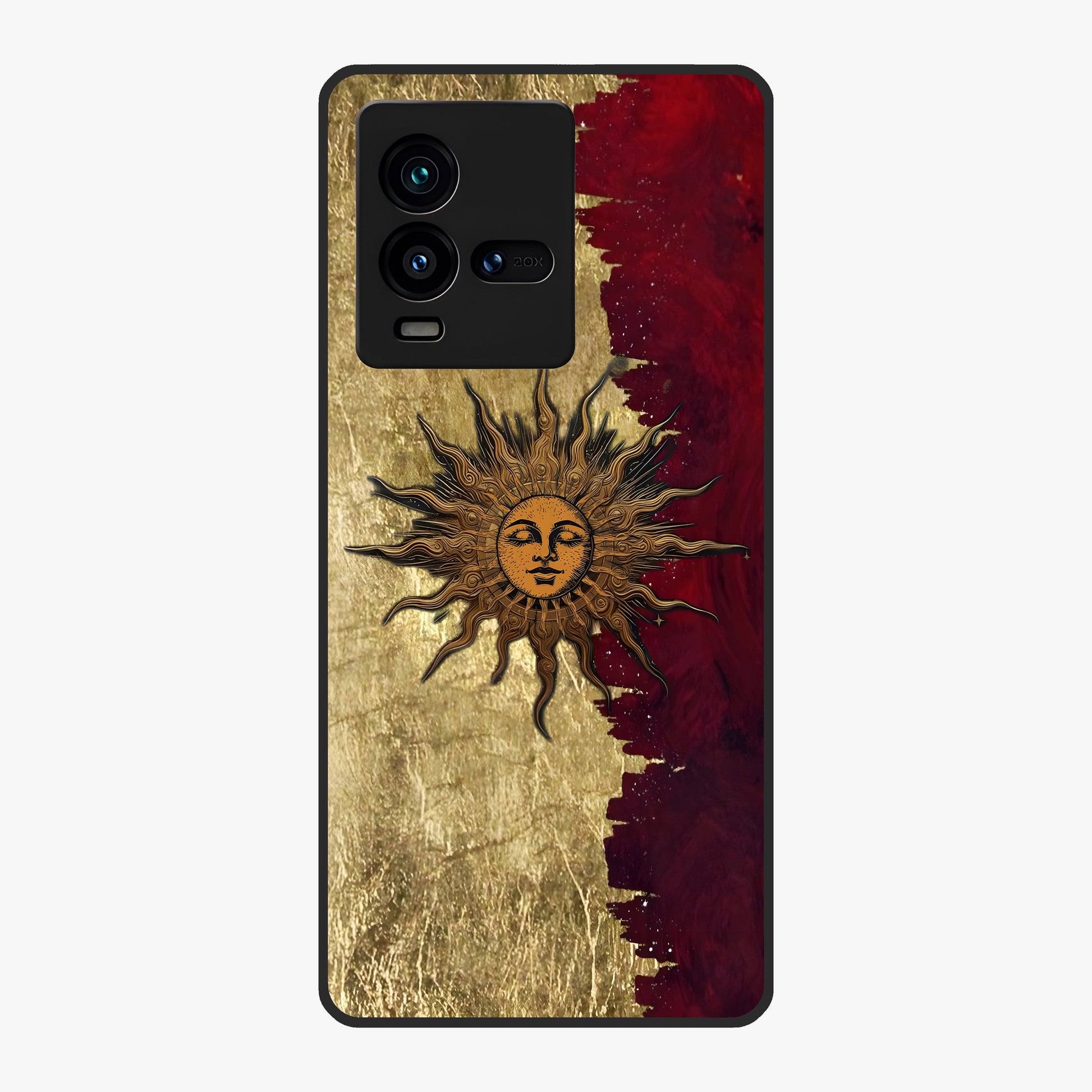 Crimson Sun Majesty Glass Case showing flat back view with radiant sun inspired artwork and glossy glass finish.