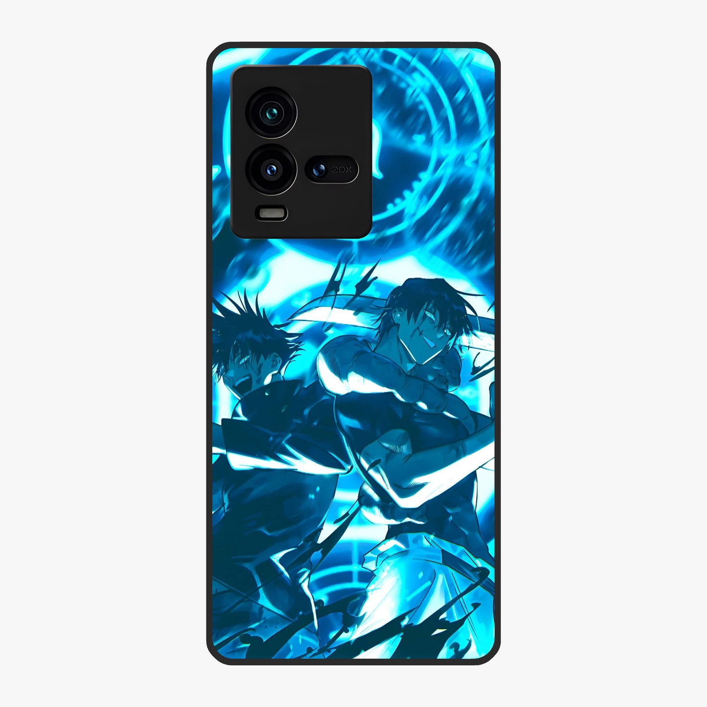 Cursed Energy Clash Glass Case showing flat back view with intense cursed energy artwork and glossy glass finish.