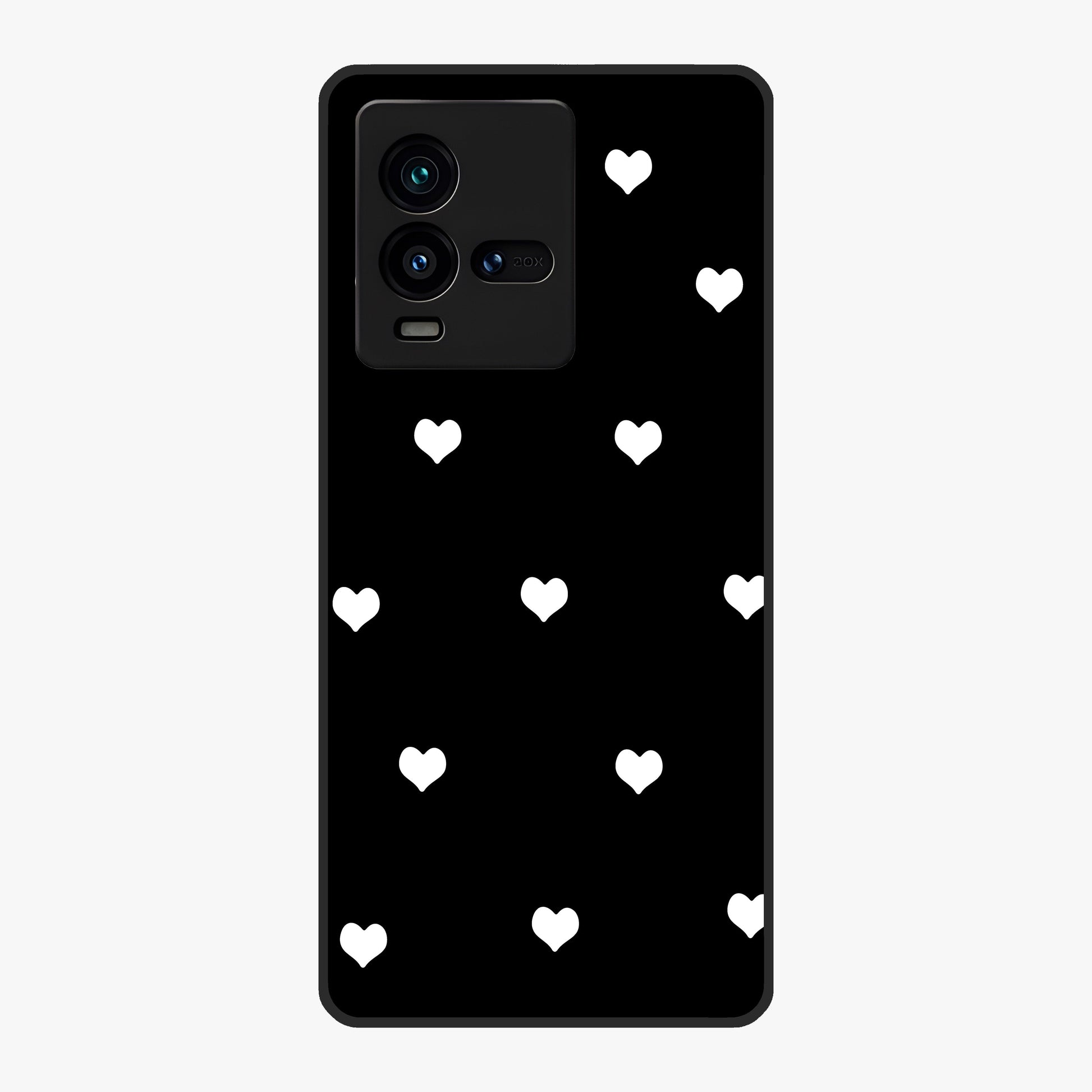 Cute And Simple White Hearts Glass Case showing flat back view with minimal white heart pattern and glossy glass finish.