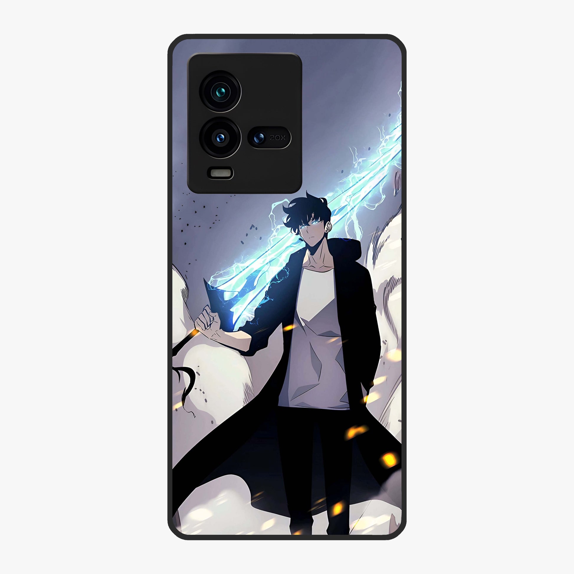Dark Lightning Anime Warrior Glass Case showing flat back view with intense anime warrior artwork and glossy glass finish.