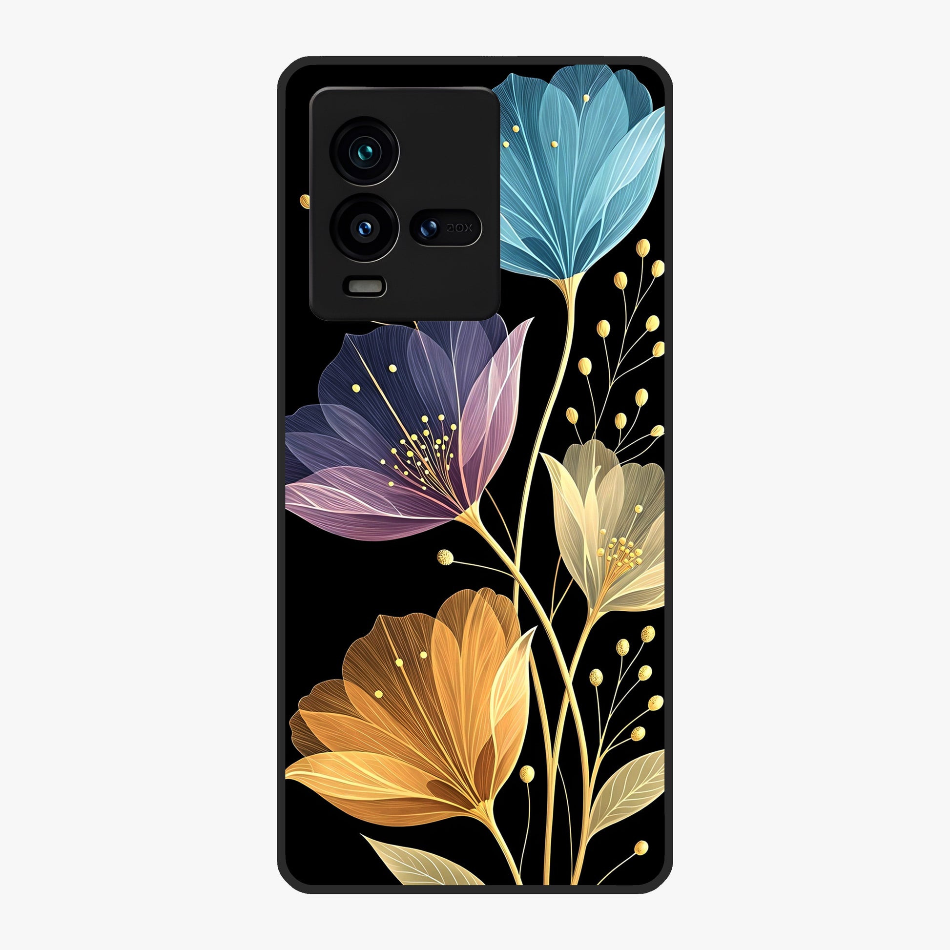 Delicate Multicolor Flowers Glass Case showing flat back view with vibrant floral artwork and glossy glass finish.