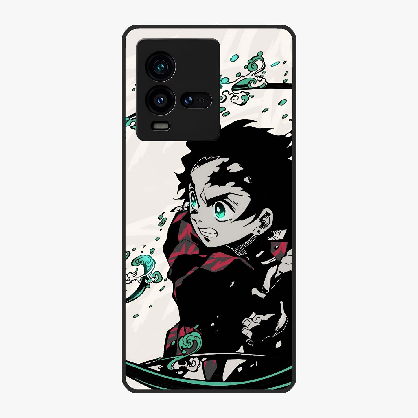 Demon Slayer Glass Case showing flat back view with bold anime inspired artwork and glossy glass finish.