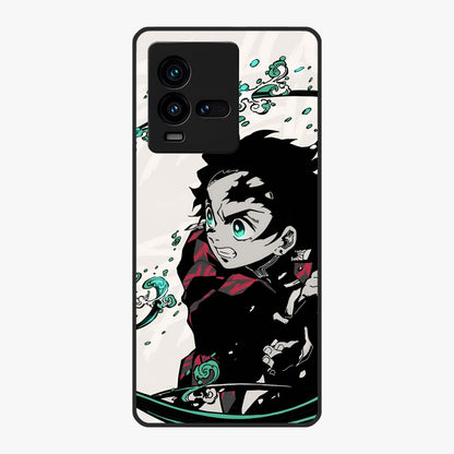 Demon Slayer Glass Case showing flat back view with bold anime inspired artwork and glossy glass finish.
