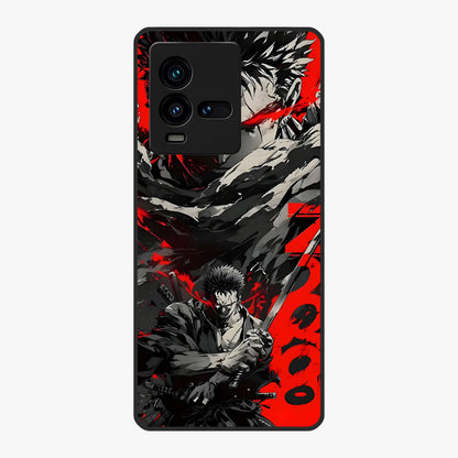 Demon Sword Resolve Glass Case showing flat back view with fierce sword warrior artwork and glossy glass finish.
