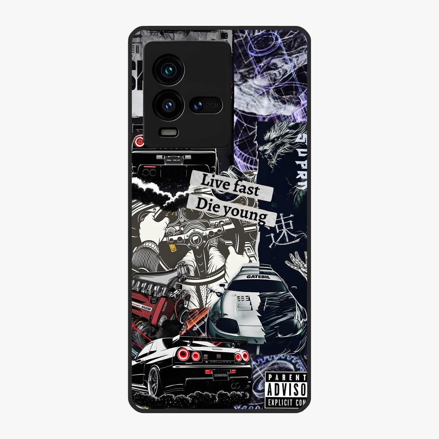 Die Young Glass Case showing flat back view with bold artistic typography design and glossy glass finish.