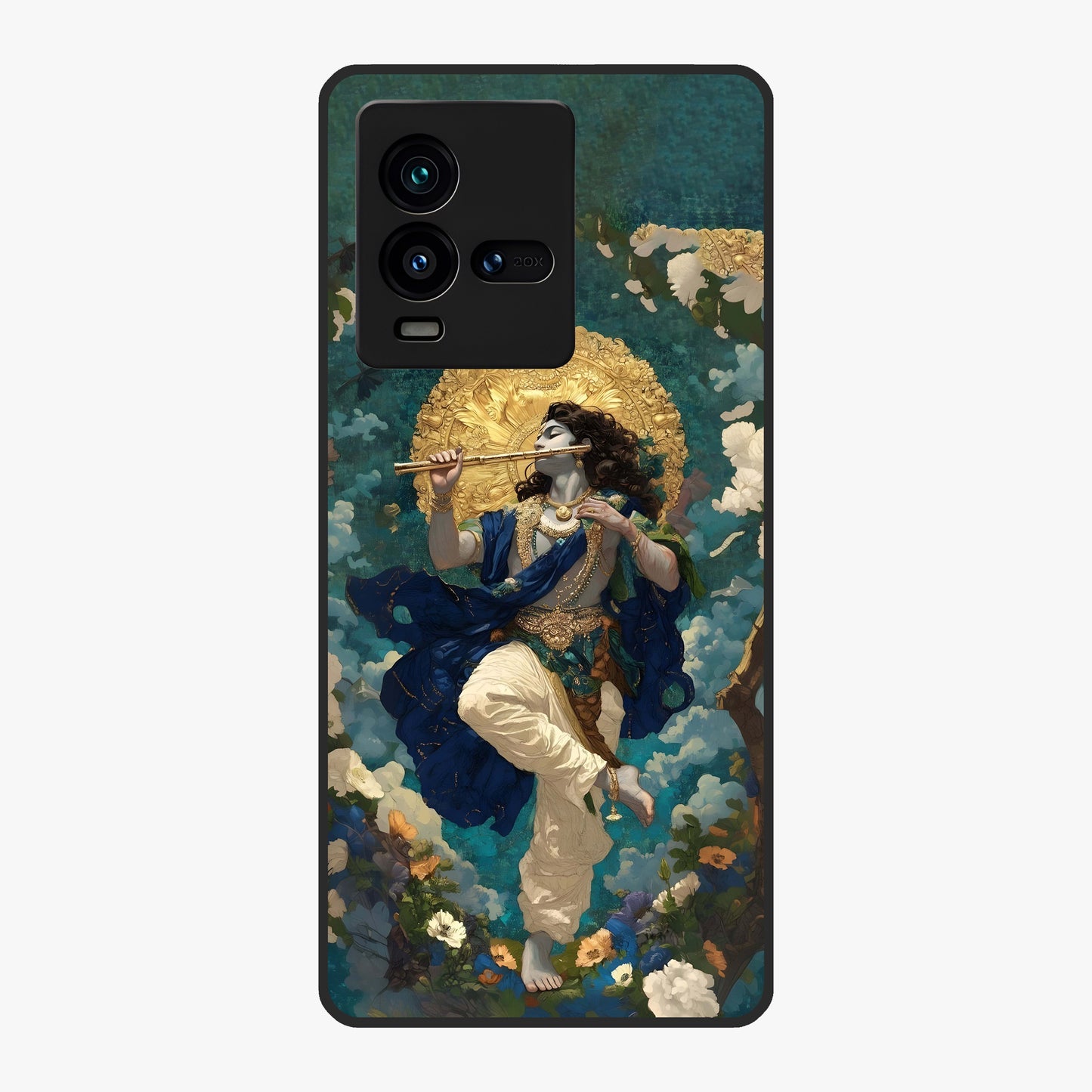 Divine Krishna Art Glass Case showing flat back view with Lord Krishna artwork and glossy glass finish.