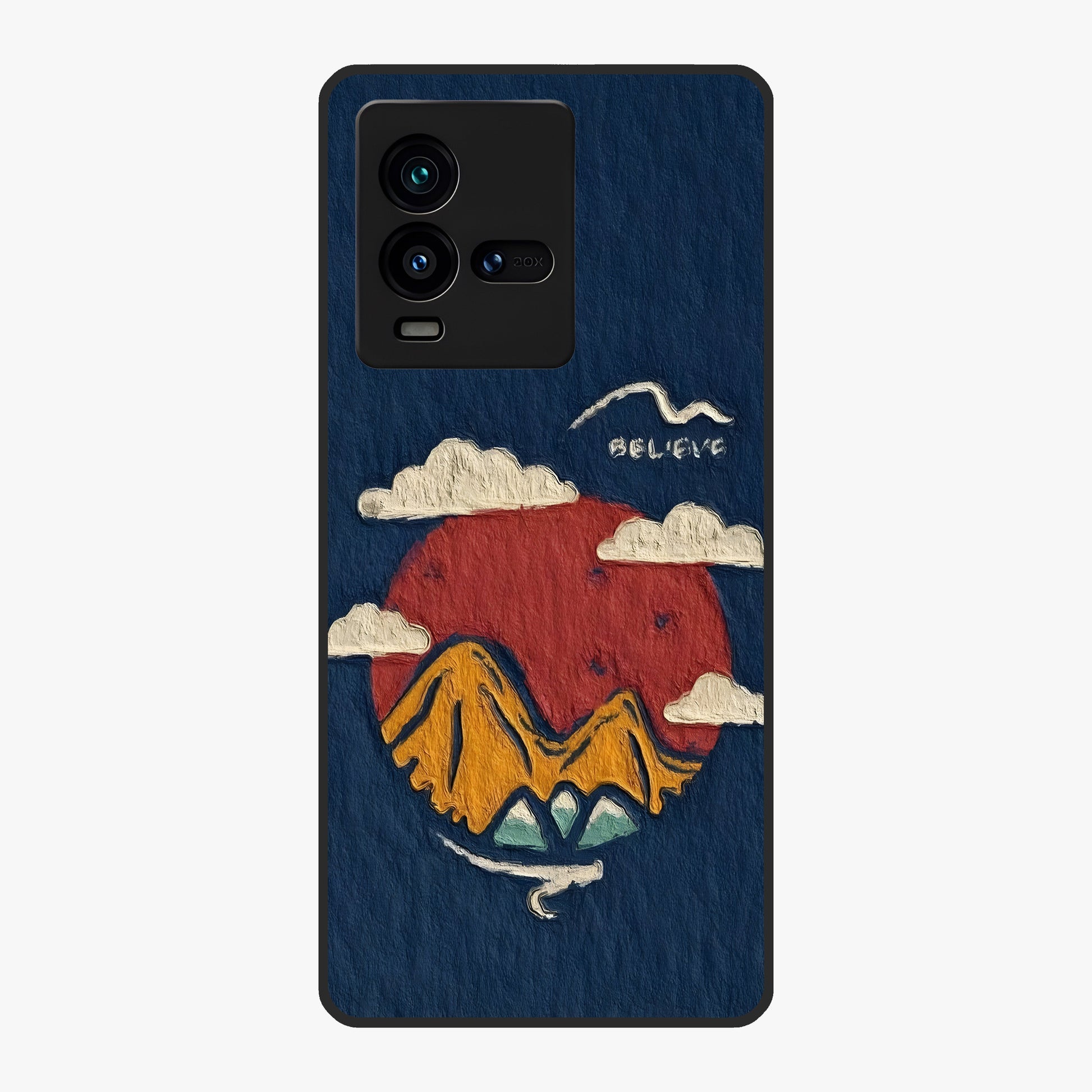 Dream Beyond Mountains Glass Case showing flat back view with scenic mountain landscape artwork and glossy glass finish.