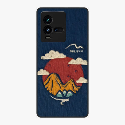 Dream Beyond Mountains Glass Case showing flat back view with scenic mountain landscape artwork and glossy glass finish.