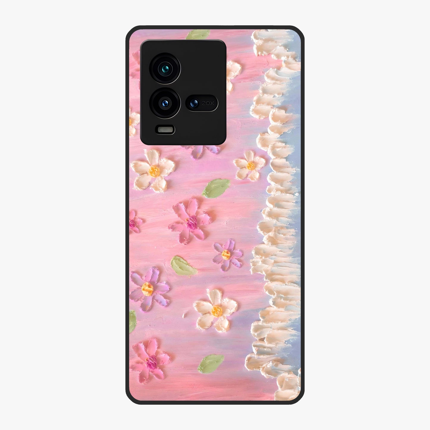 Dreamy Painted Garden Glass Case showing flat back view with artistic painted floral garden artwork and glossy glass finish.