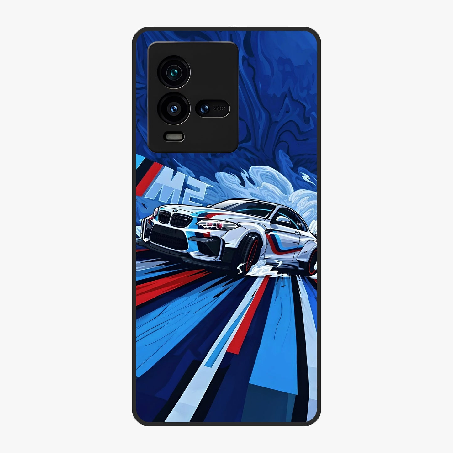 Drift Power Rush Glass Case showing flat back view with dynamic racing inspired artwork and glossy glass finish.