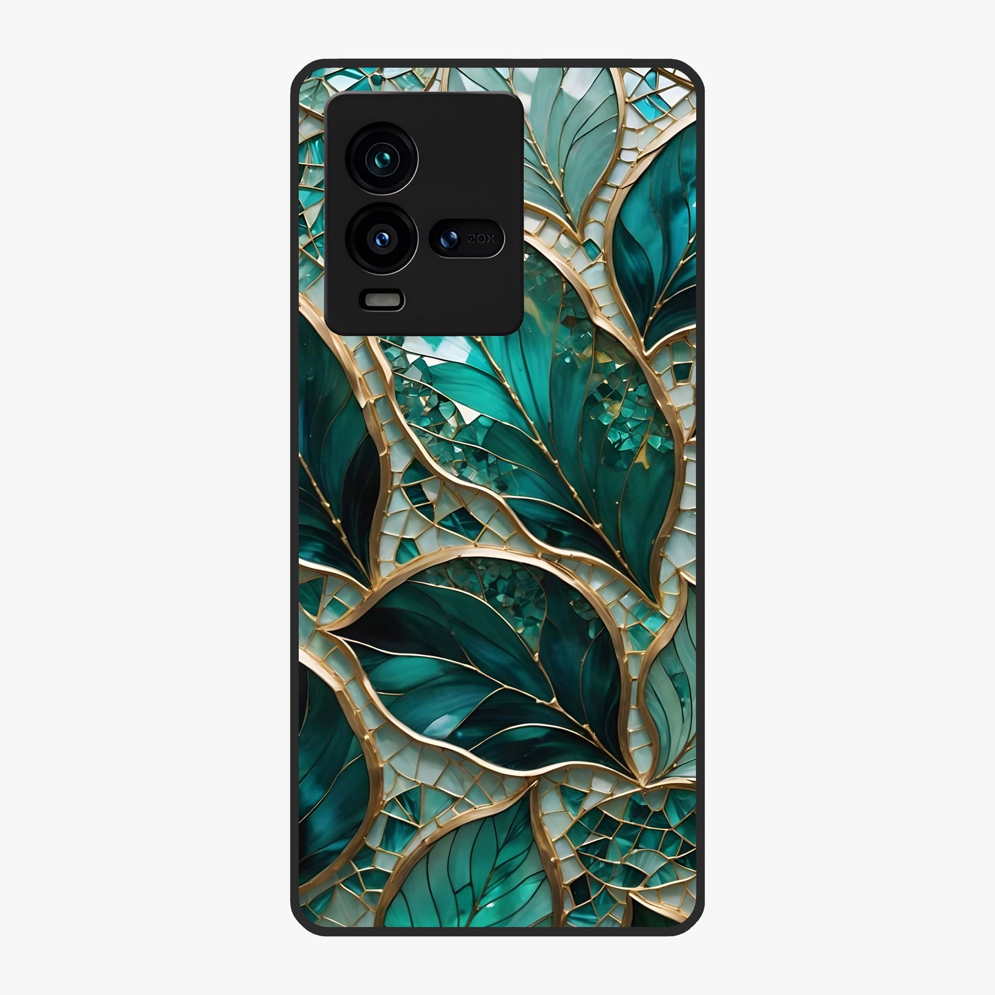 Emerald Leaf Glass Glass Case showing flat back view with emerald green leaf artwork and glossy glass finish.