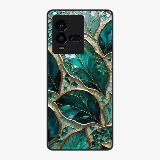 Emerald Leaf Glass Glass Case showing flat back view with emerald green leaf artwork and glossy glass finish.