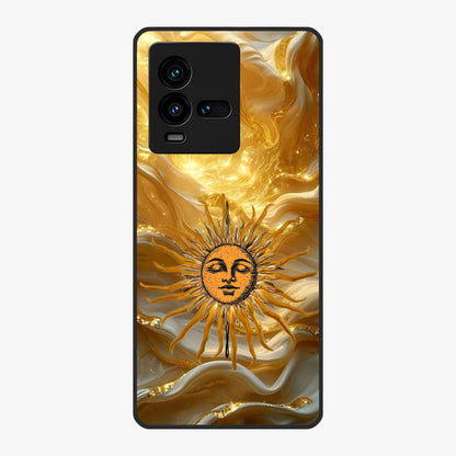 Eternal Golden Glow Glass Case showing flat back view with radiant golden themed artwork and glossy glass finish.