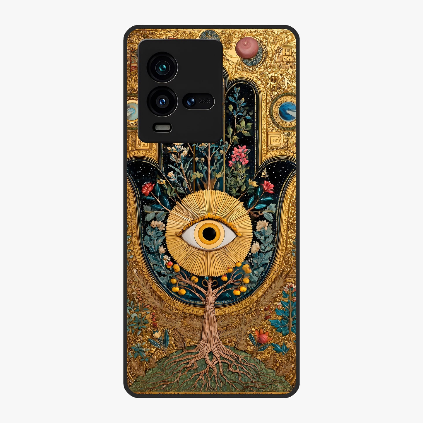 Ethereal Evil Eye Glass Case showing flat back view with mystical evil eye artwork and glossy glass finish.