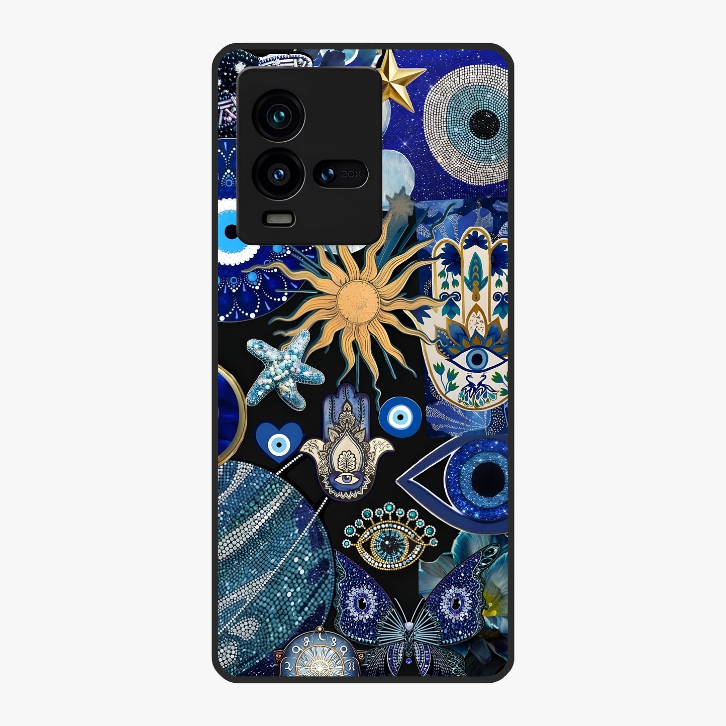 Evil Eye Charm Mix Glass Case showing flat back view with multiple evil eye charms artwork and glossy glass finish.