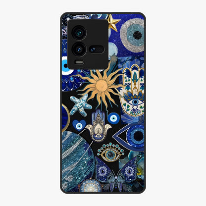 Evil Eye Charm Mix Glass Case showing flat back view with multiple evil eye charms artwork and glossy glass finish.