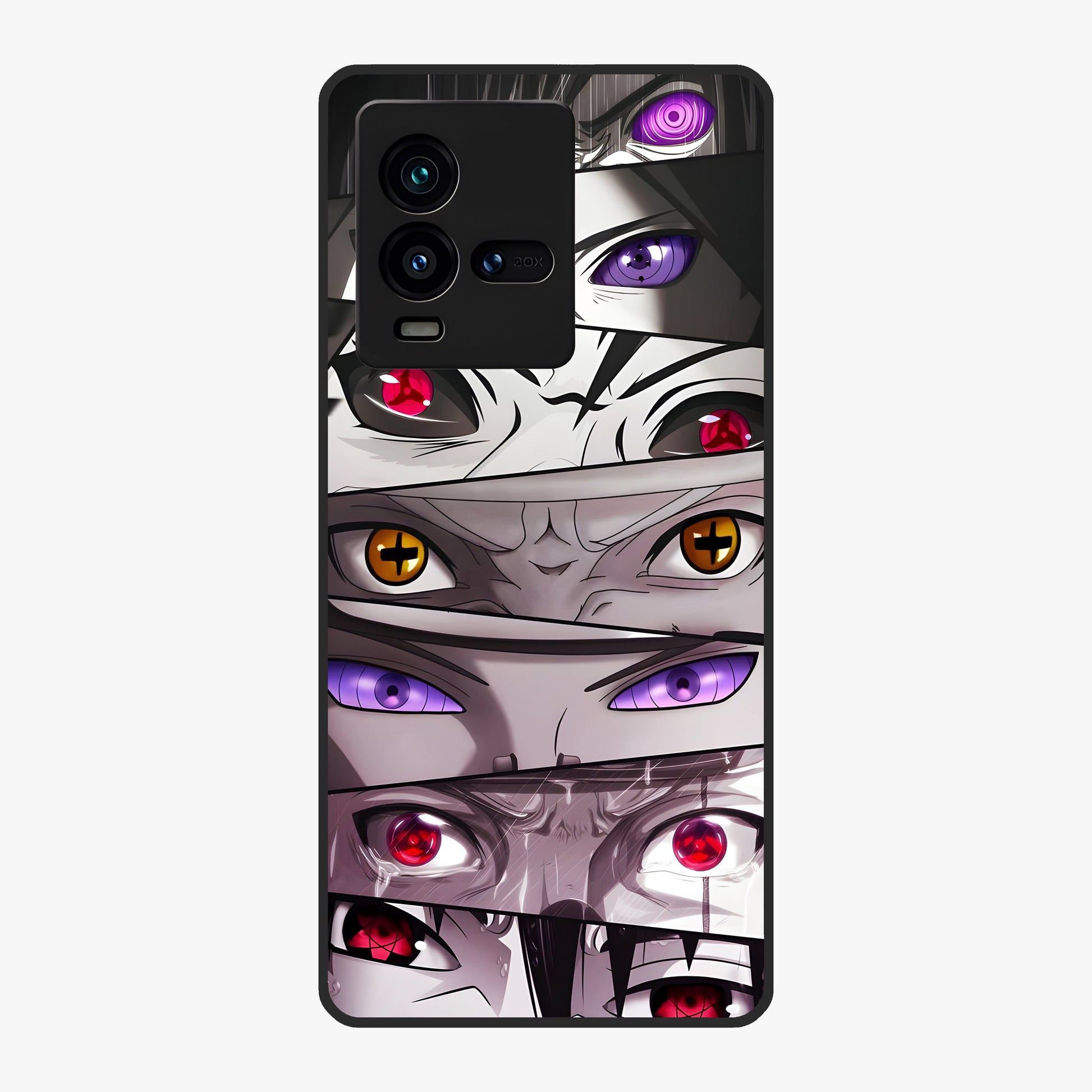 Eyes of Destiny Glass Case showing flat back view with striking eye themed artwork and glossy glass finish.