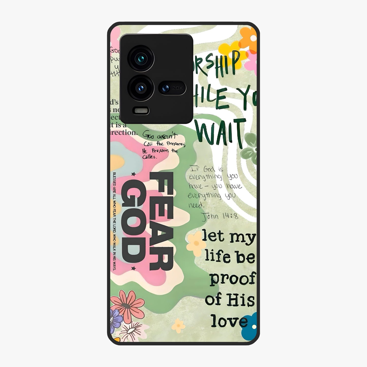 Faith Over Fear Glass Case showing flat back view with motivational typography artwork and glossy glass finish.