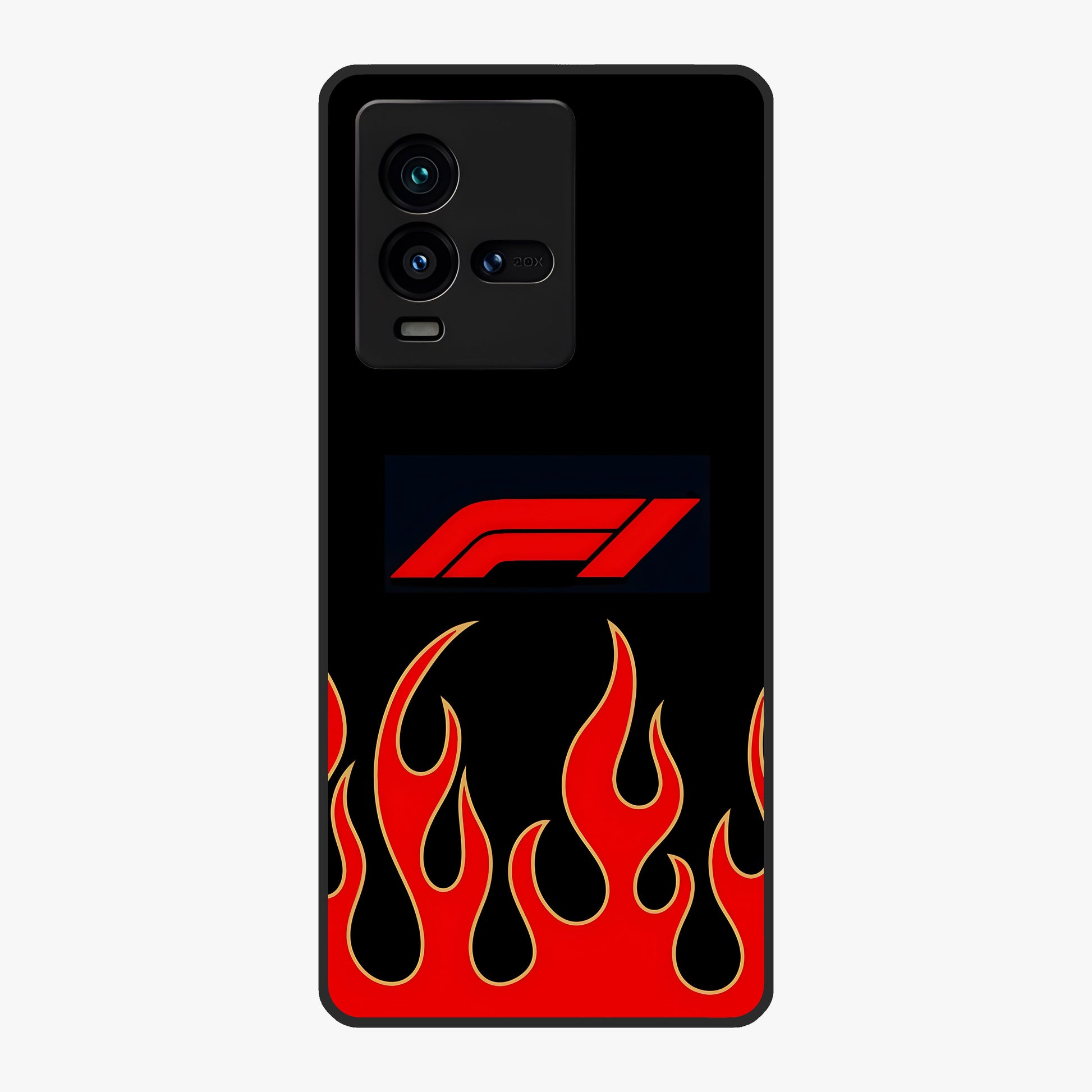 Fire F11 Glass Case showing flat back view with fiery themed artwork and glossy glass finish.