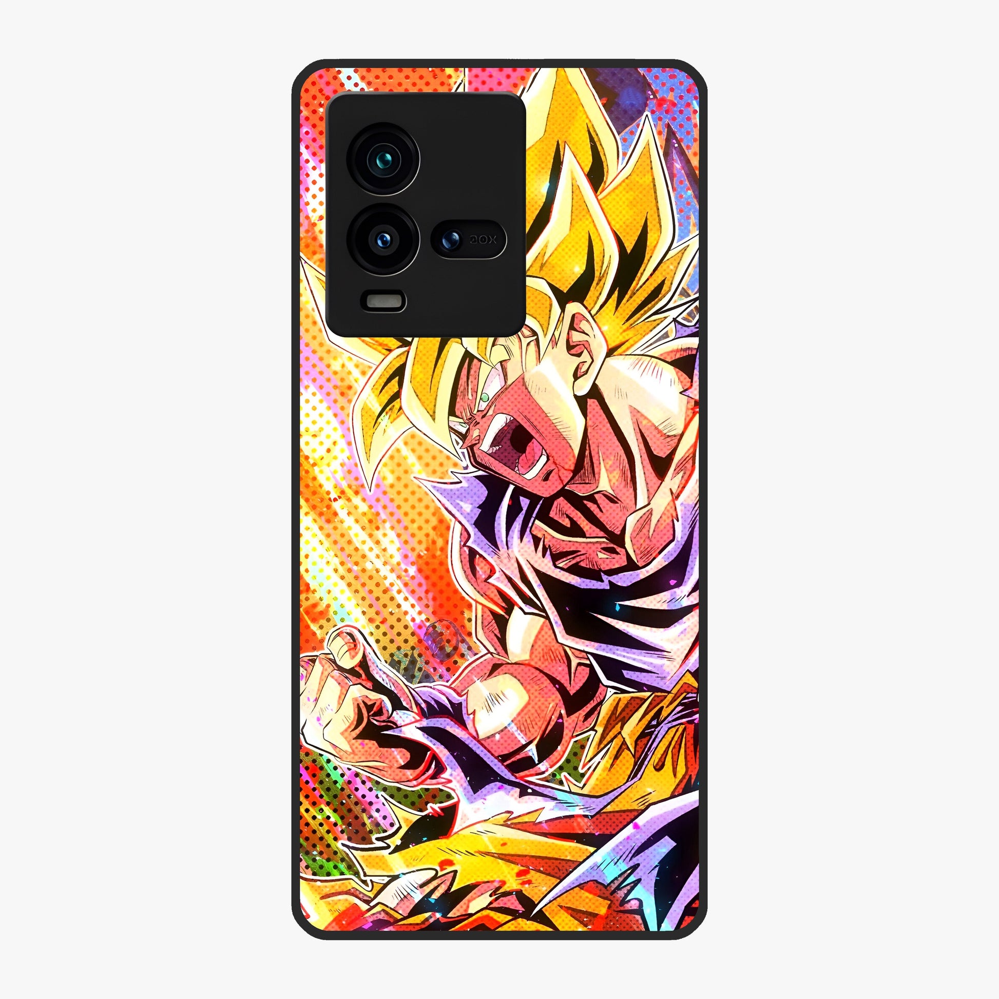 Firing Goku Glass Case showing flat back view with powerful anime inspired artwork and glossy glass finish.