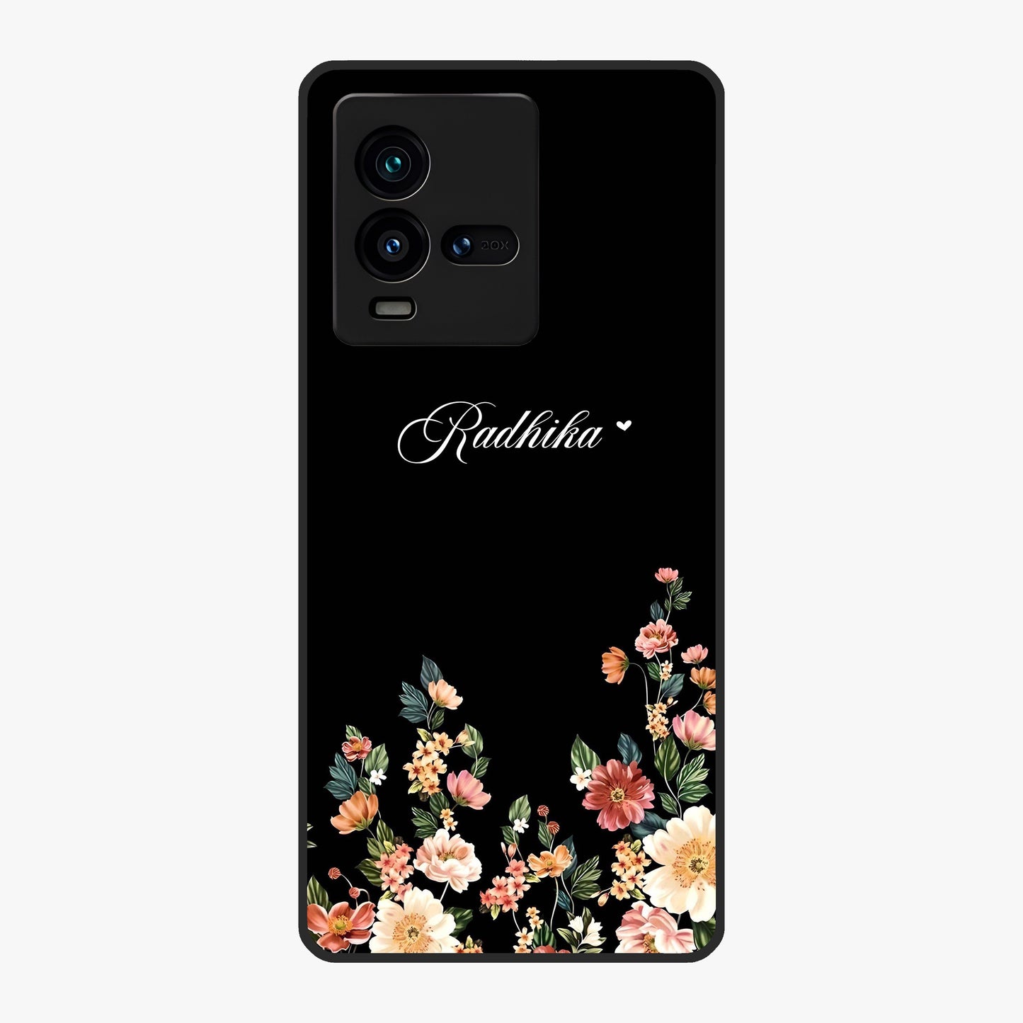 Floral Design With a Custom Personalized Name Glass Case showing flat back view with floral artwork and personalized name design.
