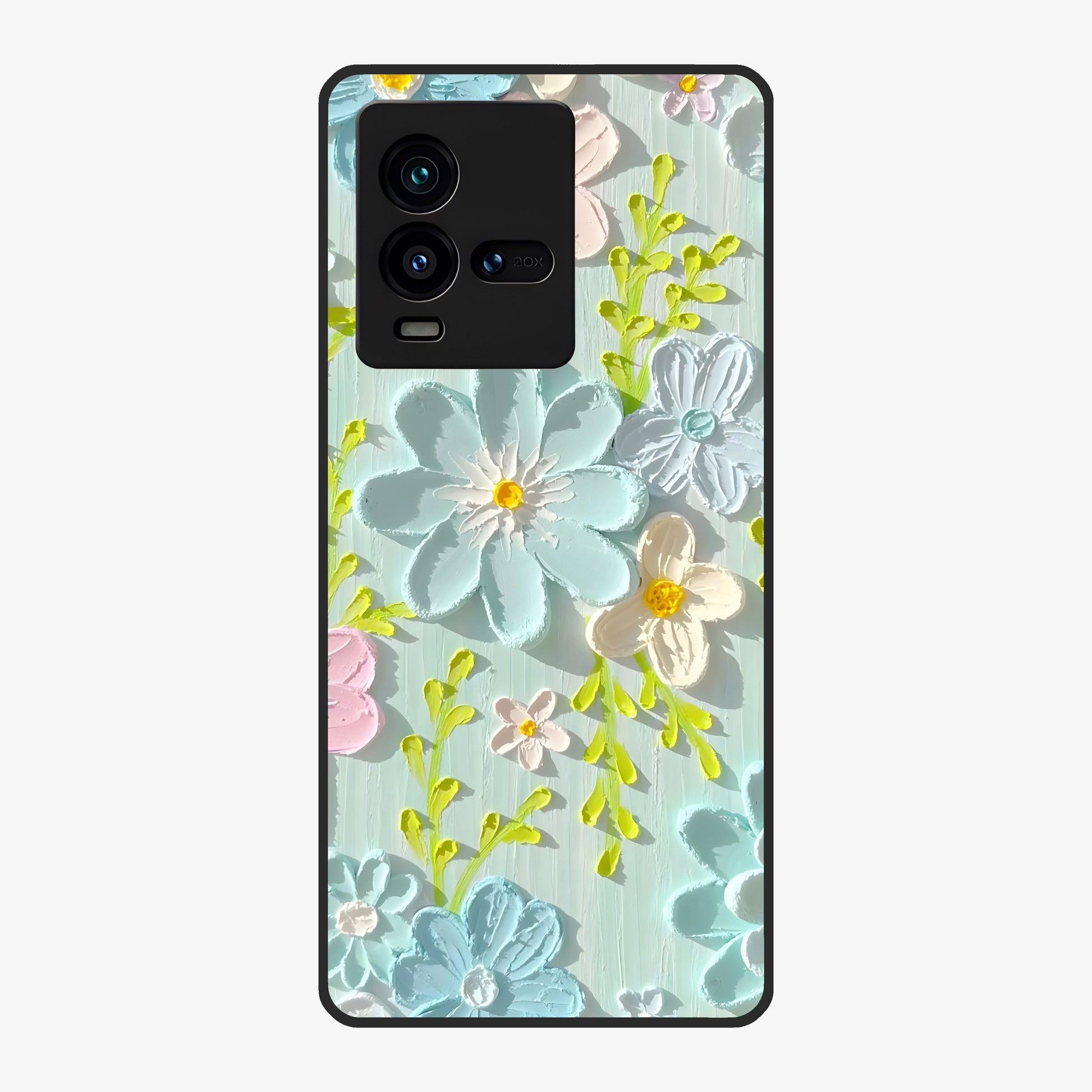 Frosted Petal Garden Glass Case showing flat back view with soft frosted floral artwork and glossy glass finish.
