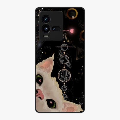 Galactic Cat Glass Case showing flat back view with cosmic cat artwork and glossy glass finish.