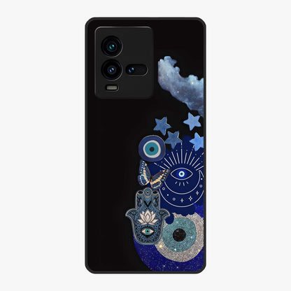 Galactic Charm Cluster Glass Case showing flat back view with glowing celestial charm artwork and glossy glass finish.