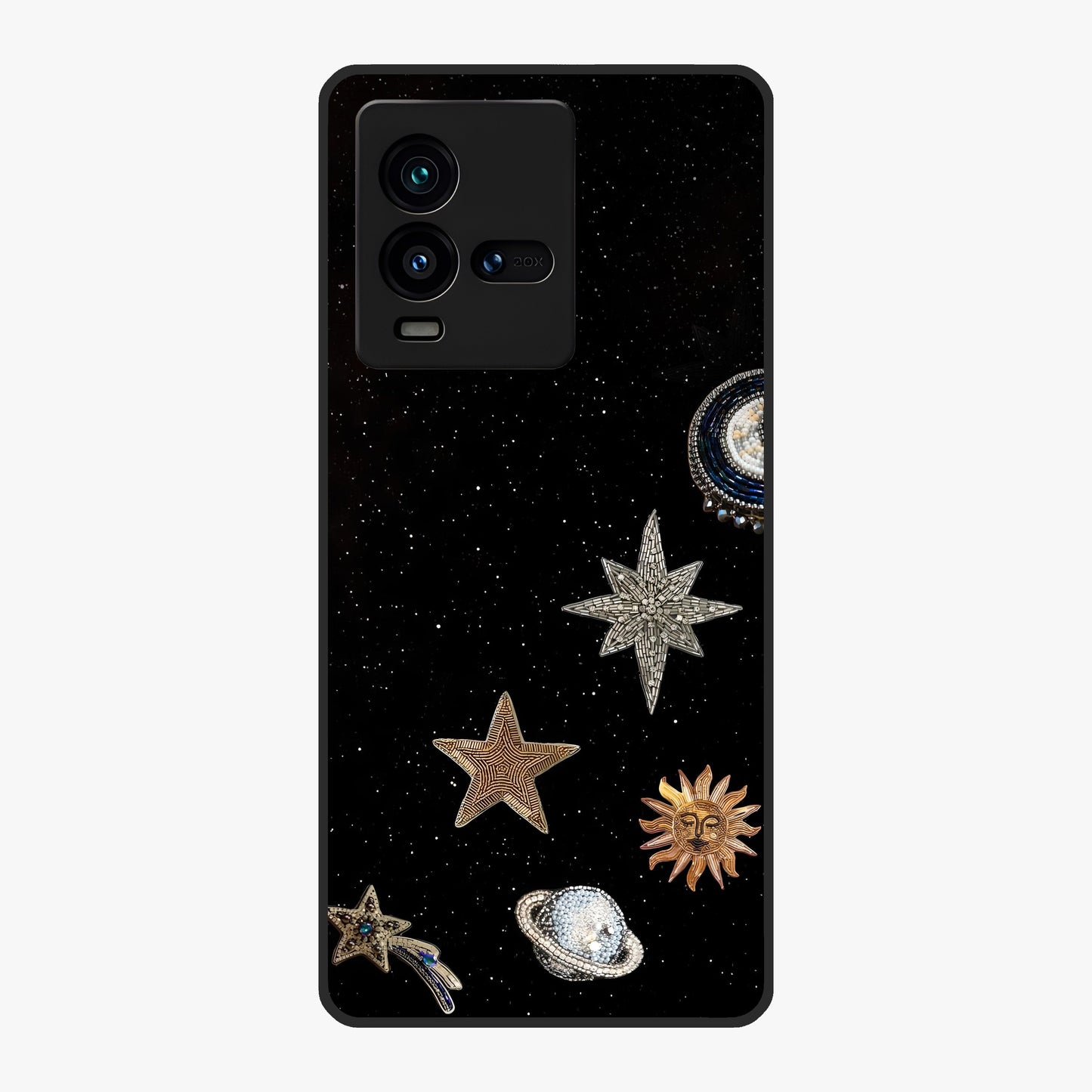 Galactic Charm Glow Glass Case showing flat back view with glowing celestial charm artwork and glossy glass finish.